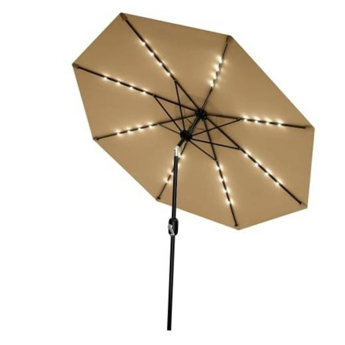 Tan patio table umbrella with solar LED lights along the canopy edges and center pole