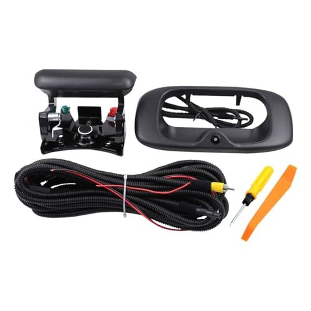 Backup camera tailgate handle bezel kit with wiring harness and mounting bracket