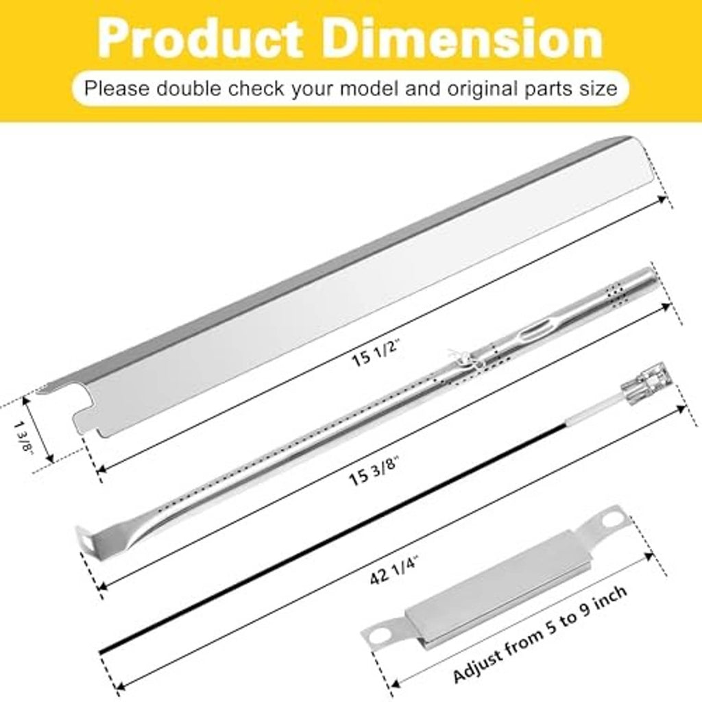 Stainless steel burner tube with product dimensions and adjustable length measurement