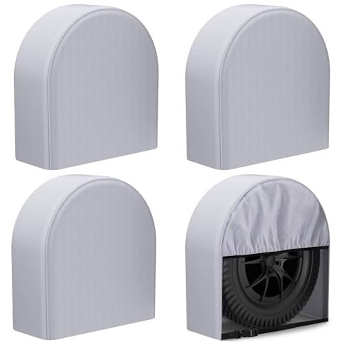 Light gray RV tire covers covering tires, set of four