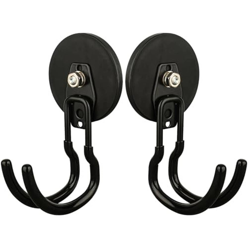 Black magnetic garage hooks, two-pack with twin curved hook arms and screws