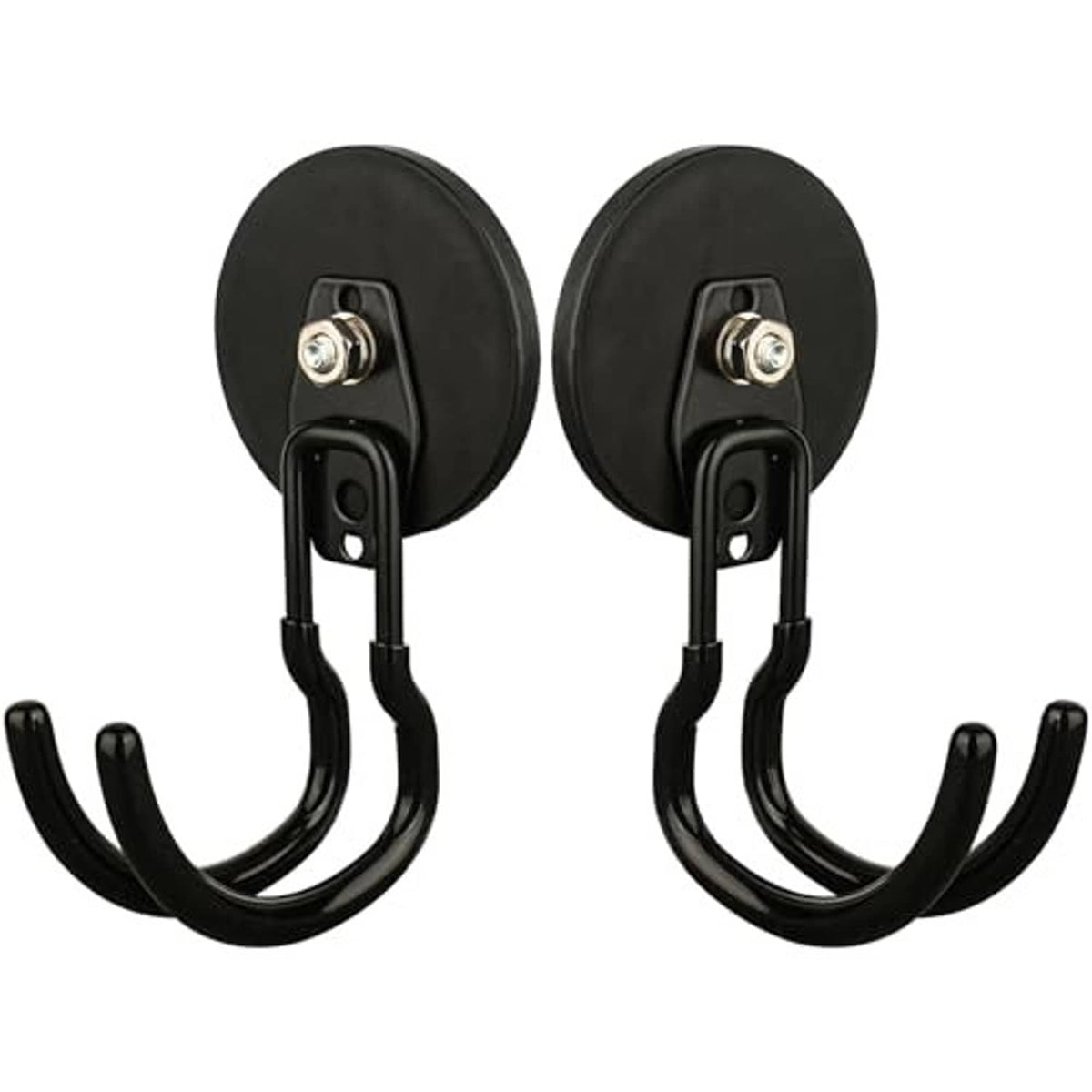 Black magnetic garage hooks, two-pack with twin curved hook arms and screws