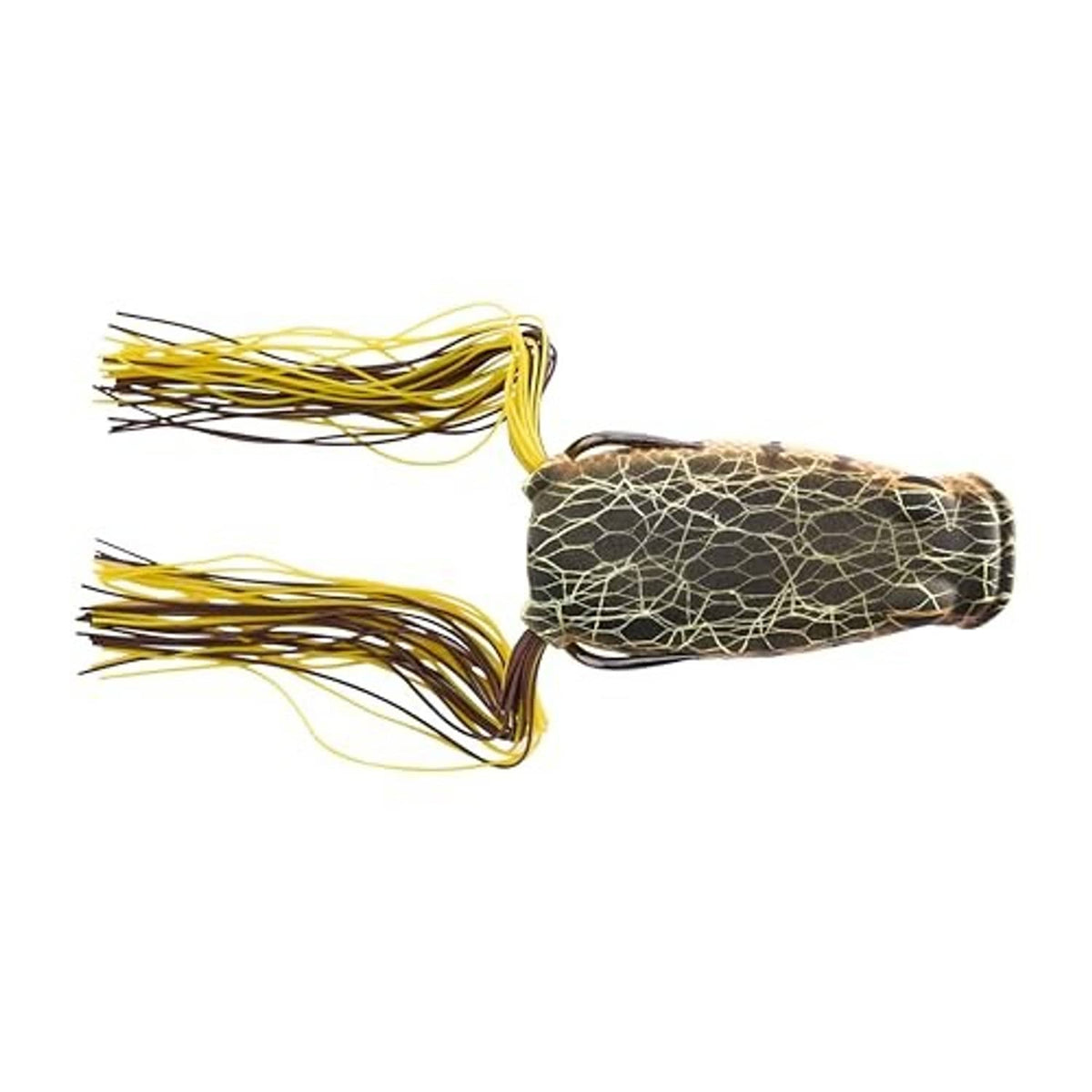 Berkley Swamp Lord popping frog lure, dark patterned body with yellow skirt