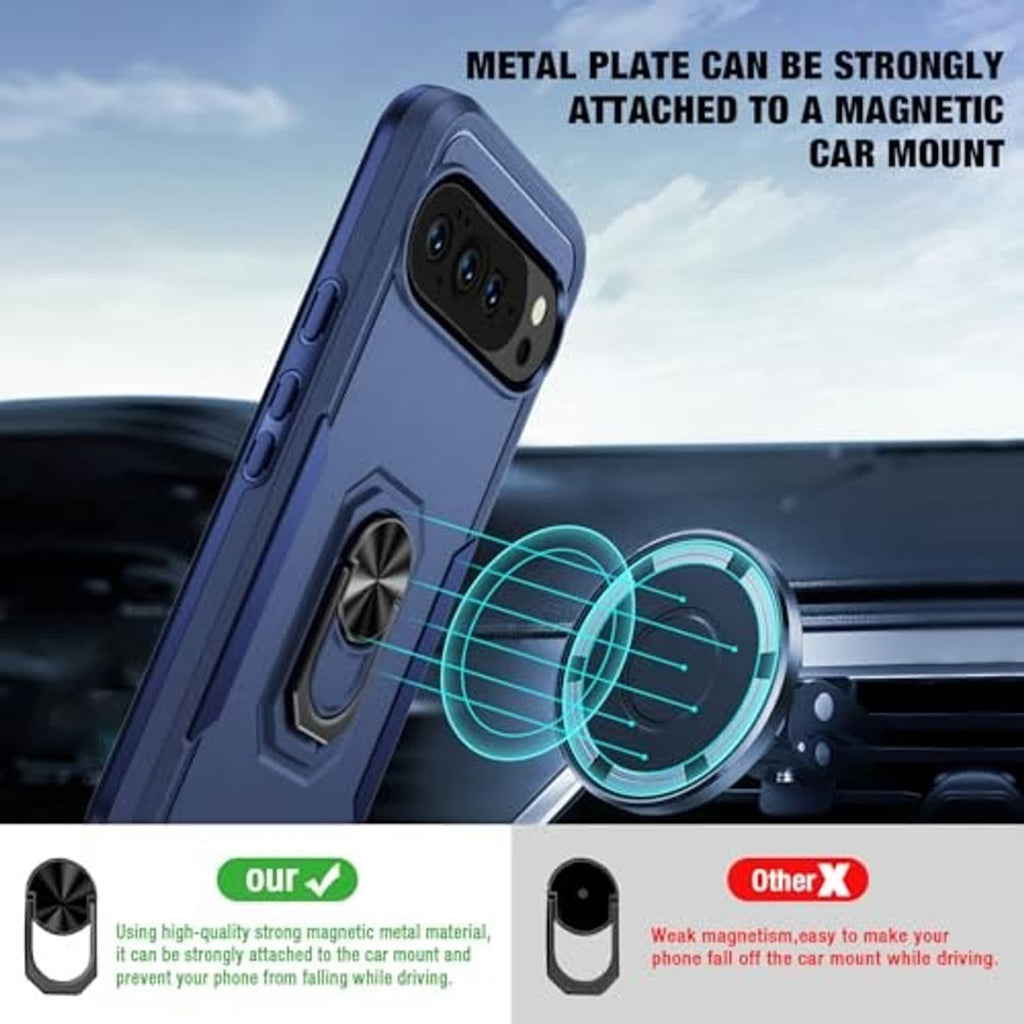Dark blue phone case with metal ring kickstand for magnetic car mounting.