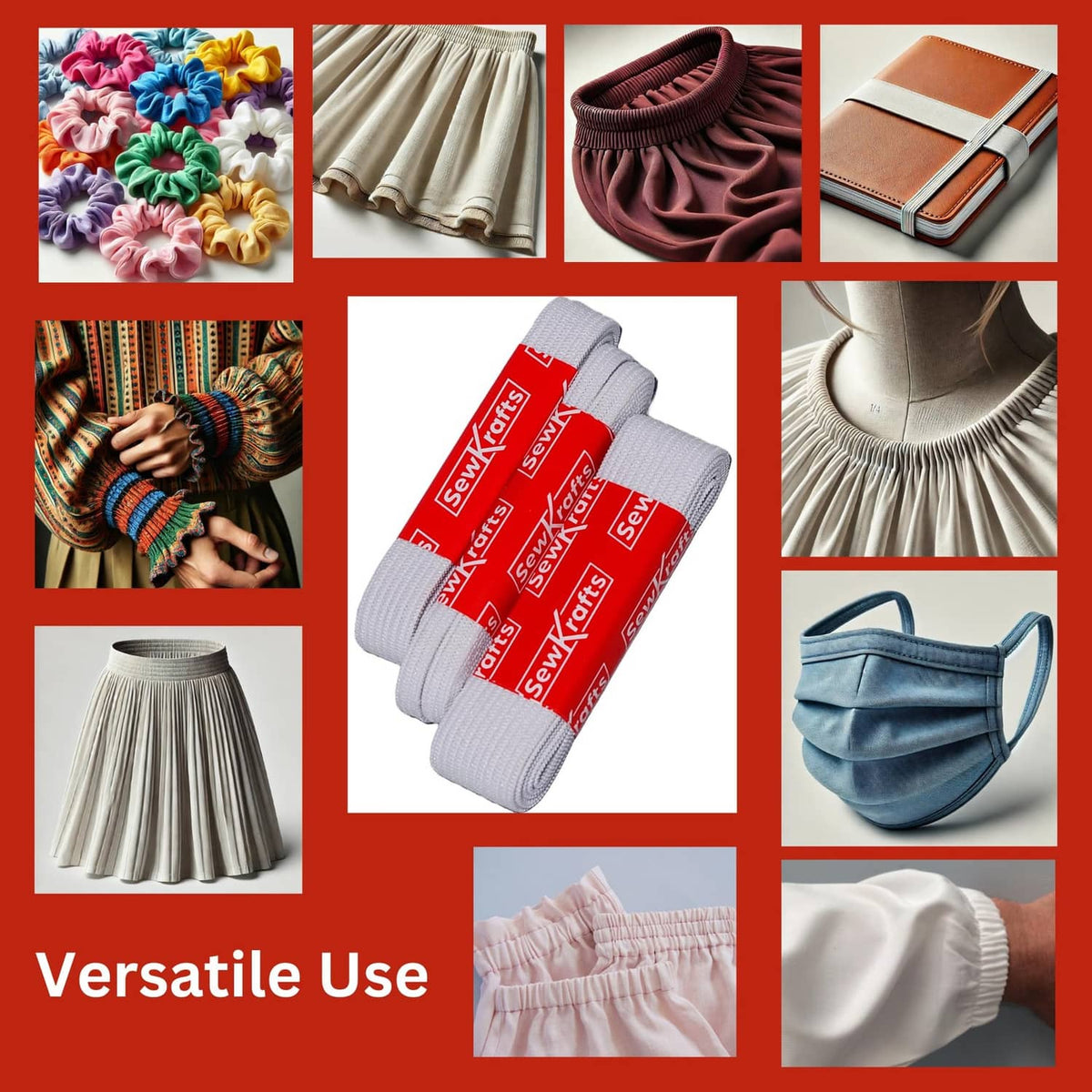 White knit elastic bands bundle with red SewKrafts labels on versatile use collage