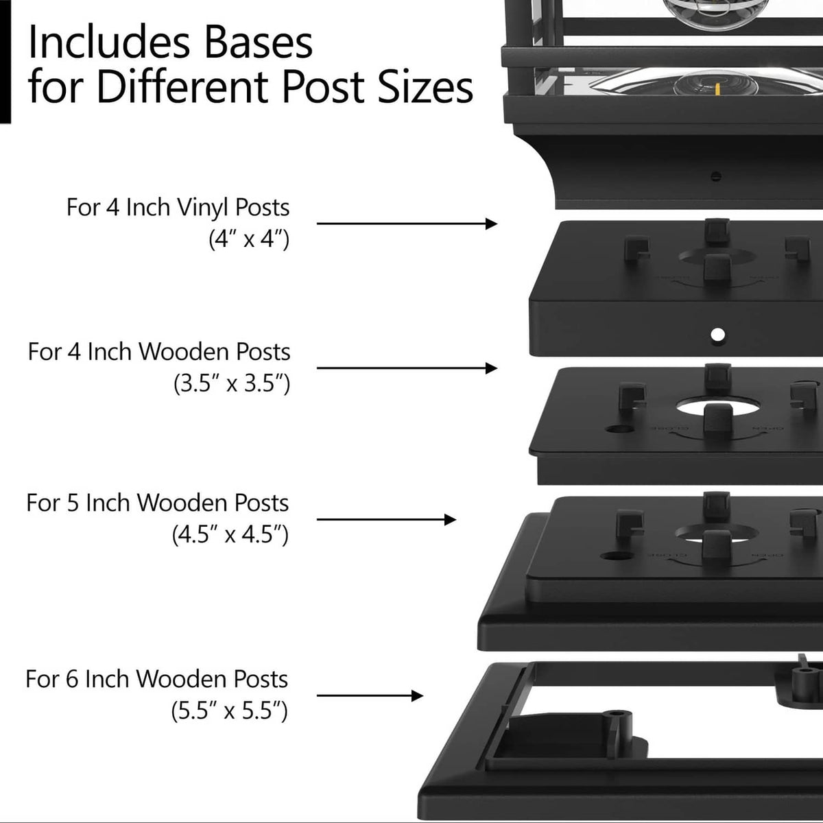 Black post cap light base with mounting inserts for different post sizes