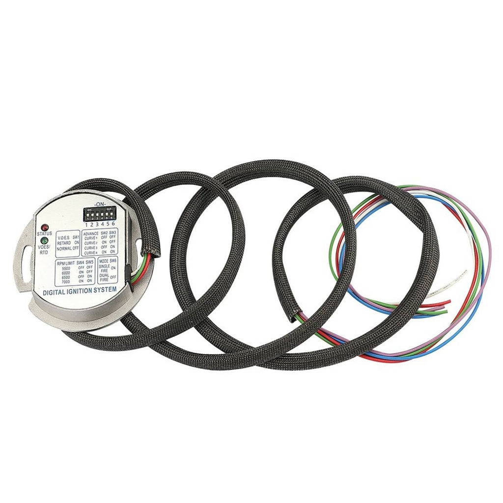 Digital ignition system controller with braided wiring harness and multicolor leads.