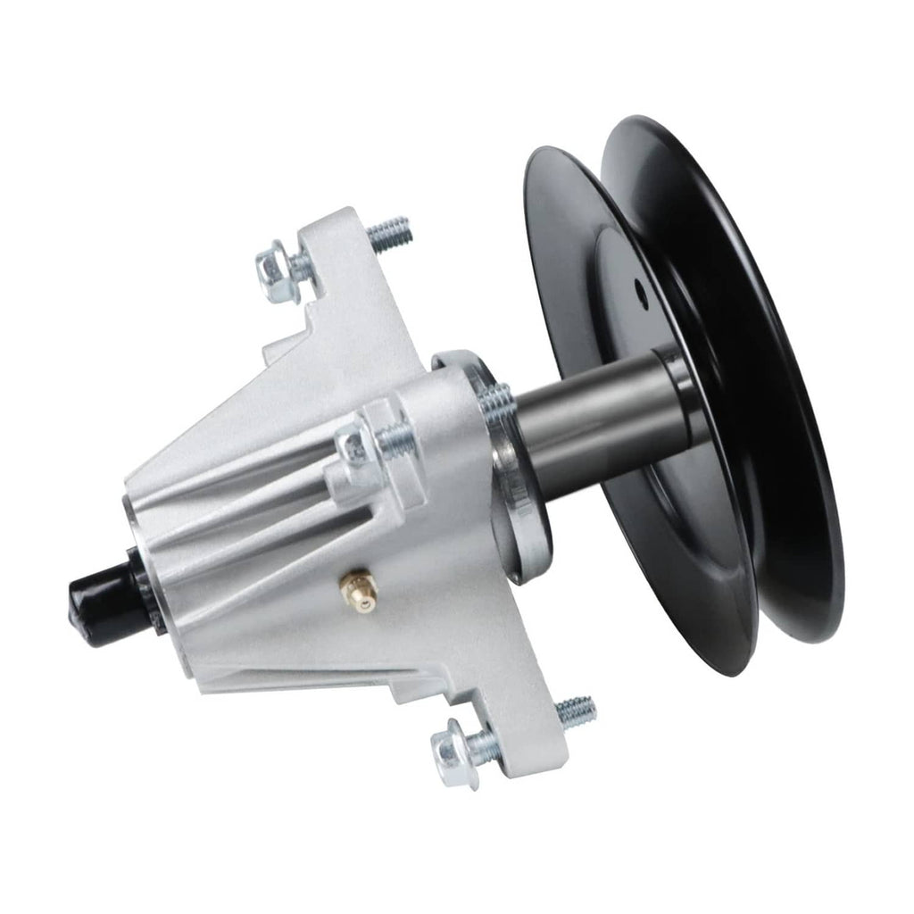 Deck spindle assembly with silver housing and black pulley, includes shaft and mounting flange