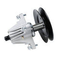 Deck spindle assembly with silver housing and black pulley, includes shaft and mounting flange
