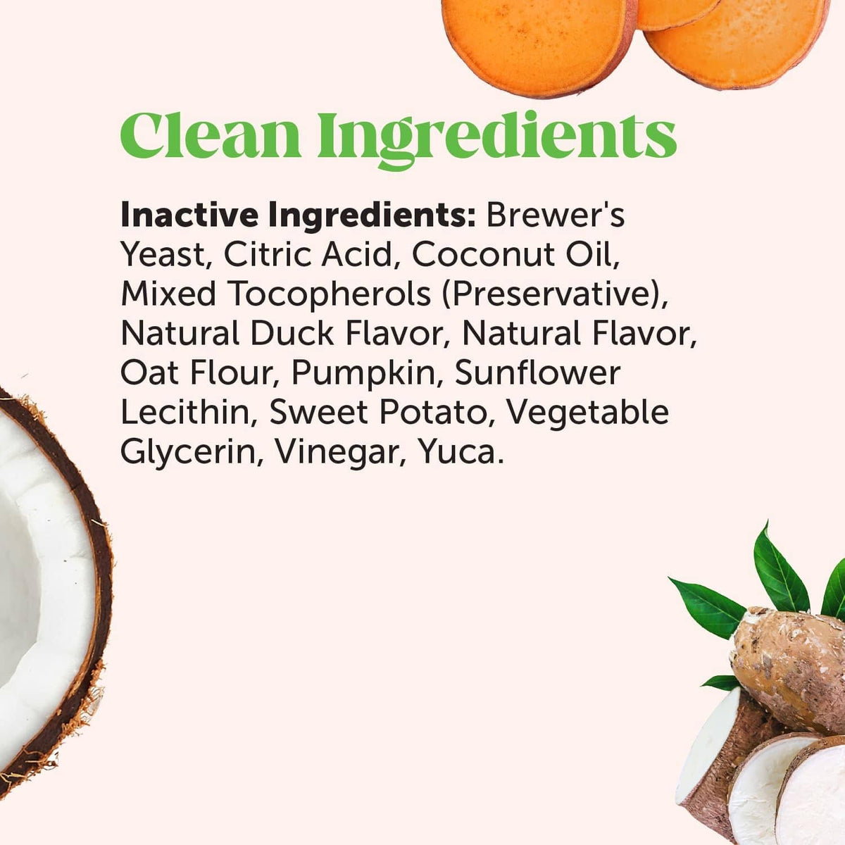 Clean ingredients panel listing inactive ingredients for dog chews with coconut imagery