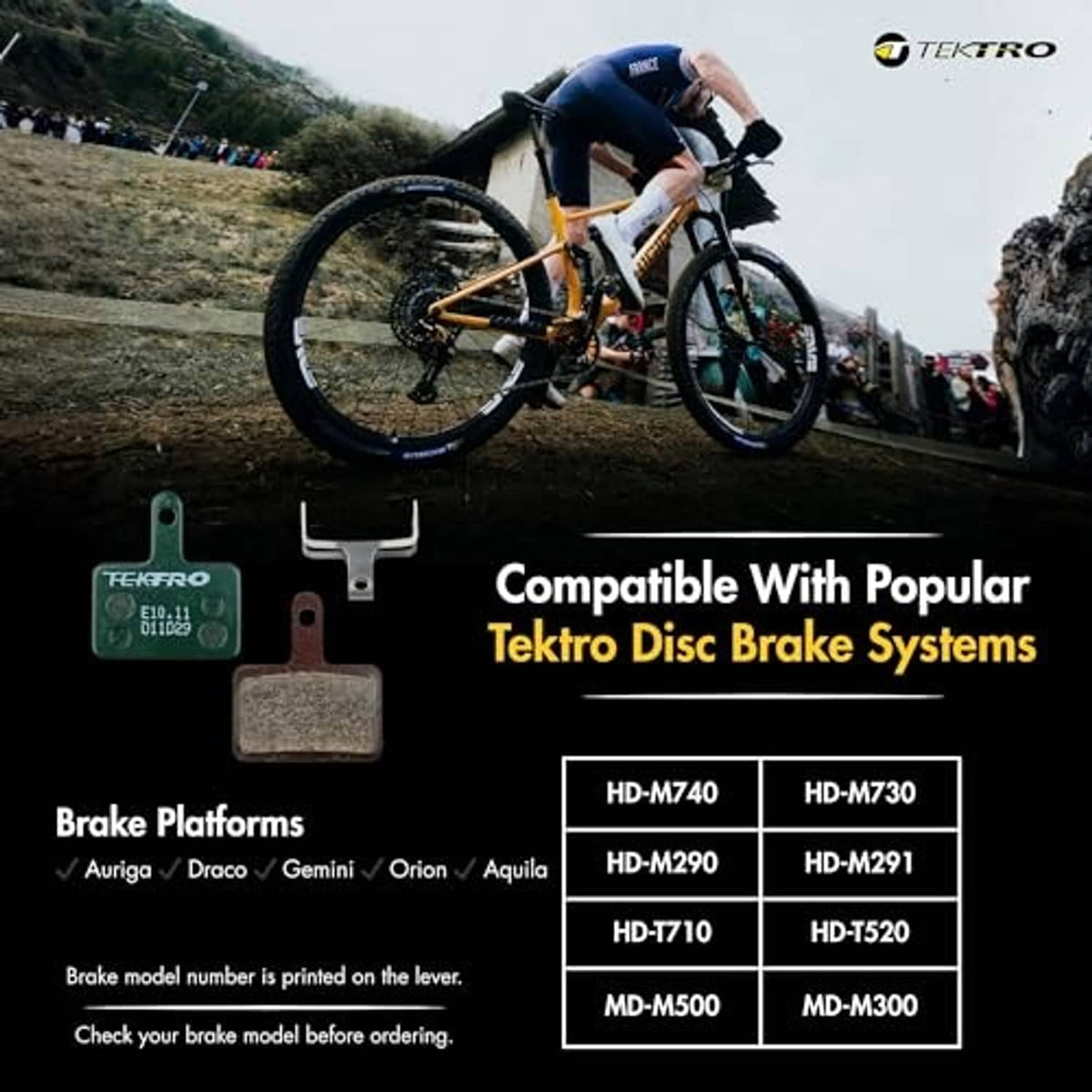 Resin disc brake pads promotional image with small pad parts and wheelbike scene
