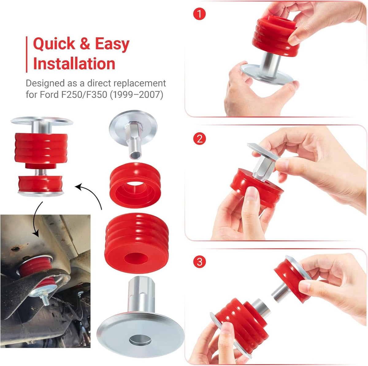 Cab mount bushing kit for quick installation with red bushings and silver hardware.