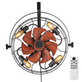 Wall-mounted ceiling fan with 4 black bulb sockets, orange wood-look blades, remote included
