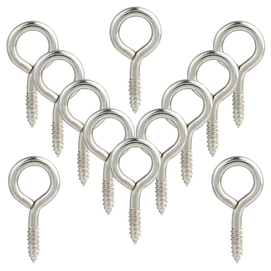 Assorted silver screw eye hanging hooks with loop ends and threaded shafts, grouped together