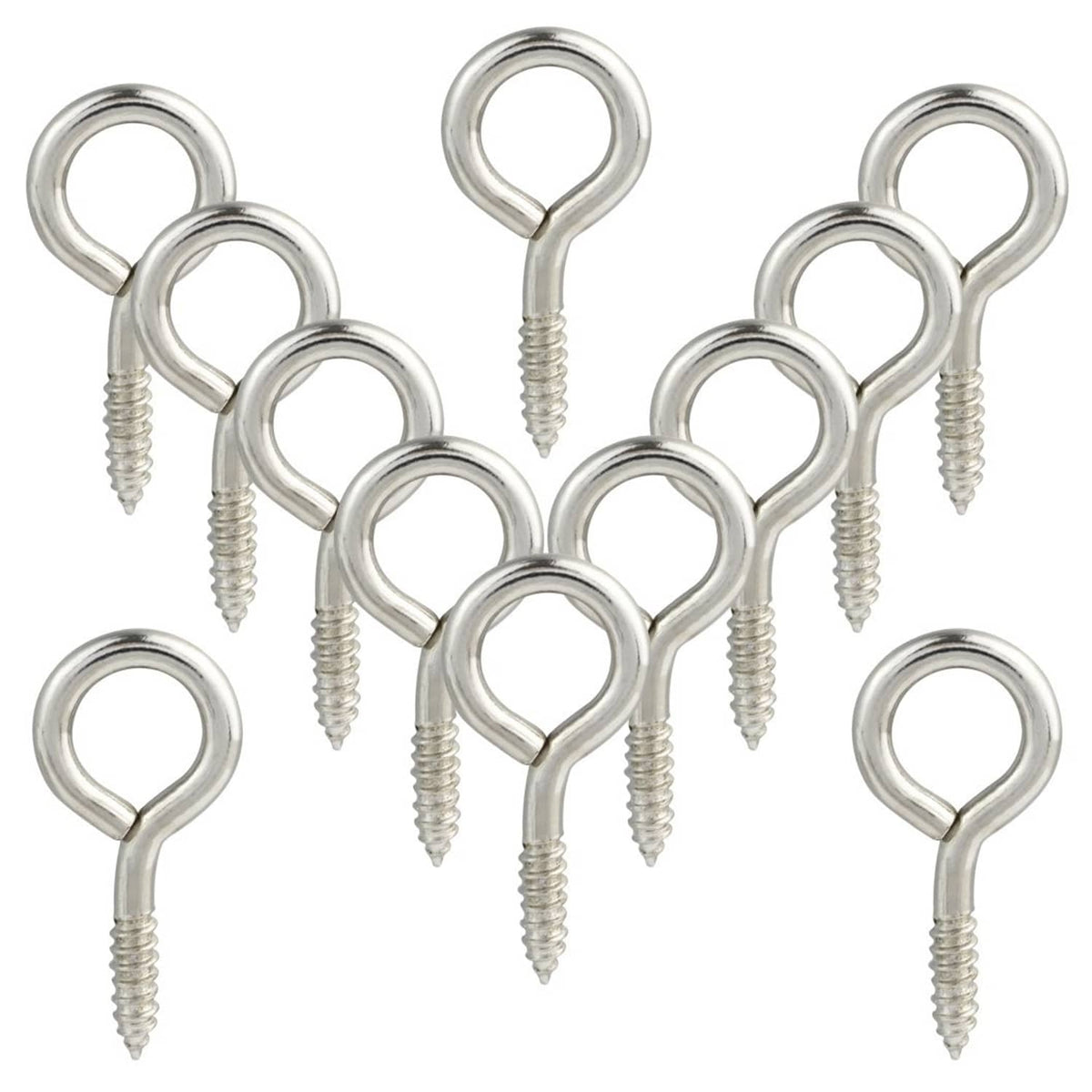 Assorted silver screw eye hanging hooks with loop ends and threaded shafts, grouped together