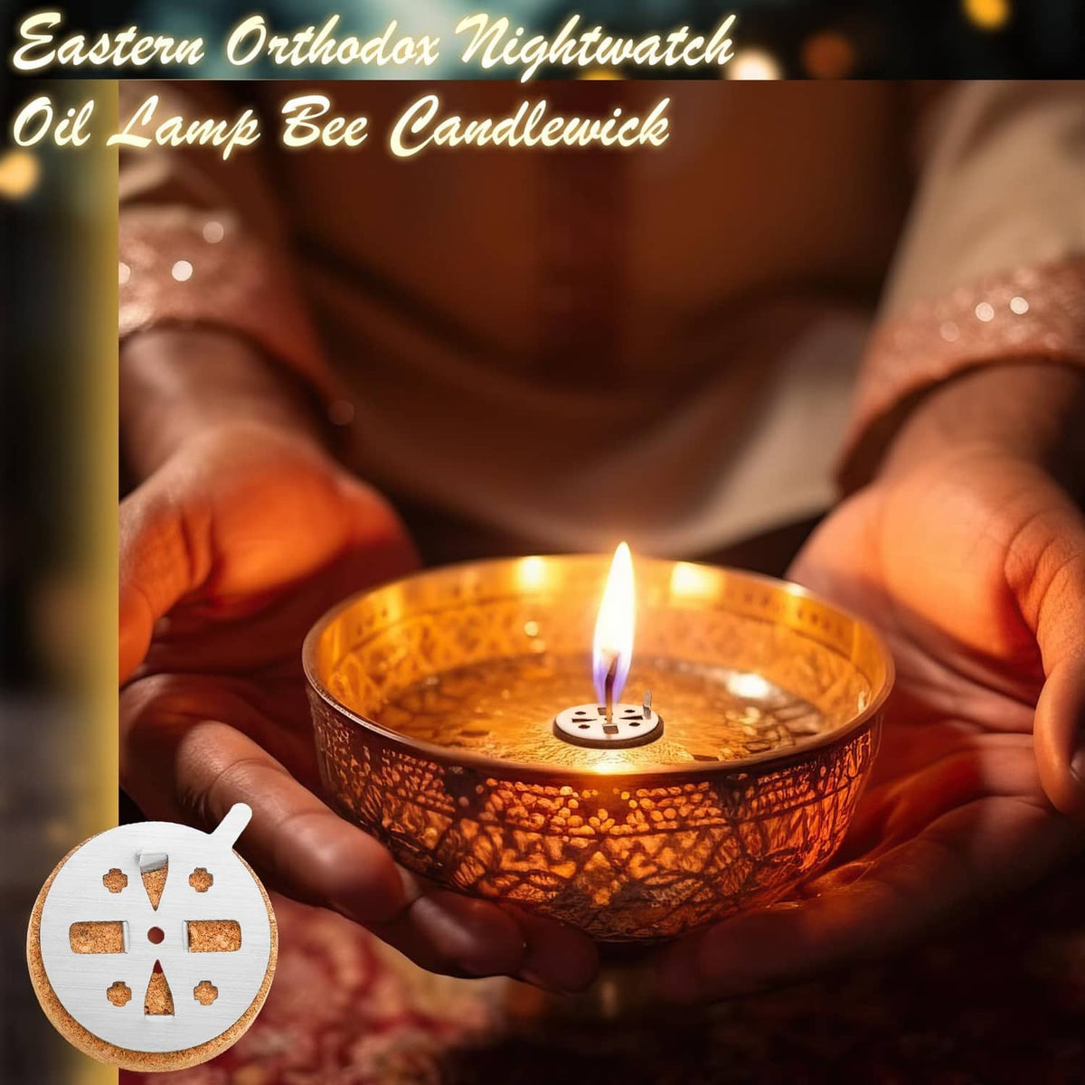 Beeswax candle wick in cork float in a small oil lamp, flame burning at the top