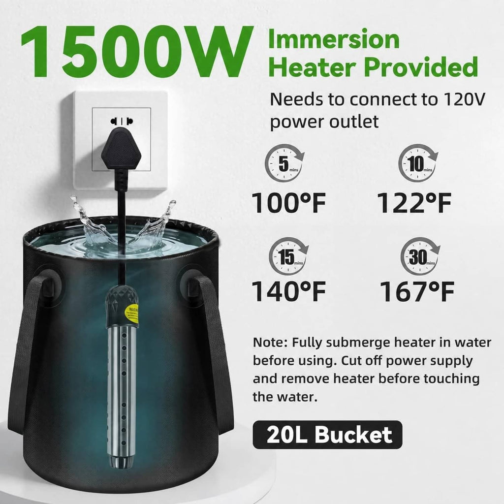 Immersion heater shower pump with 1500W rating and 20L bucket for warm water