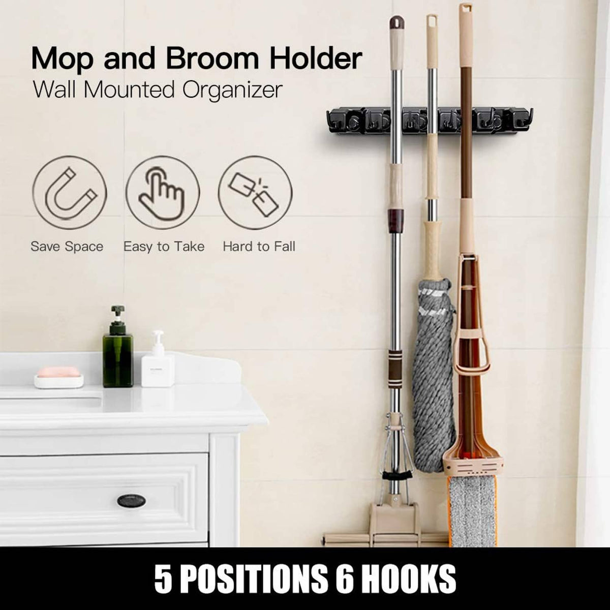 Wall-mounted mop and broom organizer with 6 hooks and spring grip design, black