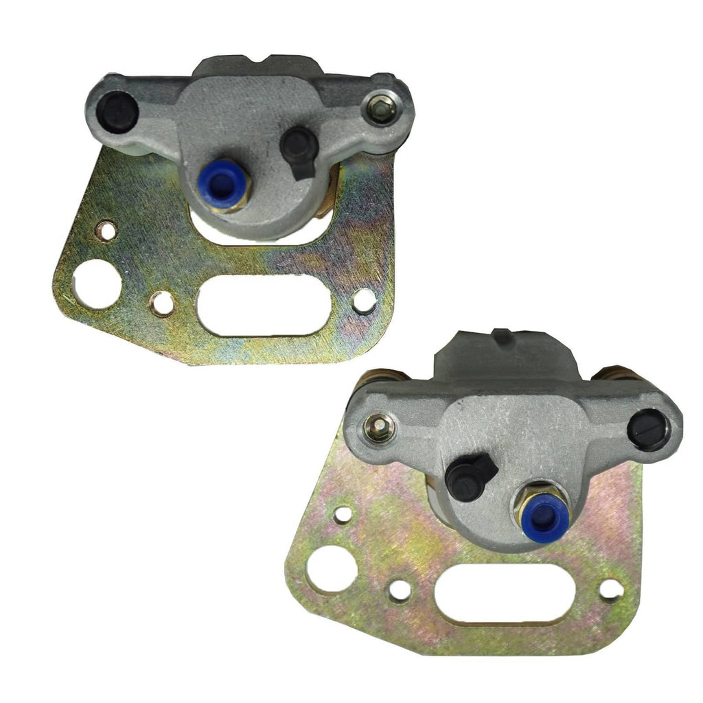 Pair of front brake calipers with mounting brackets and blue piston seals