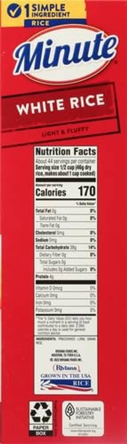 Minute white rice pouch back with Nutrition Facts and ingredients panel