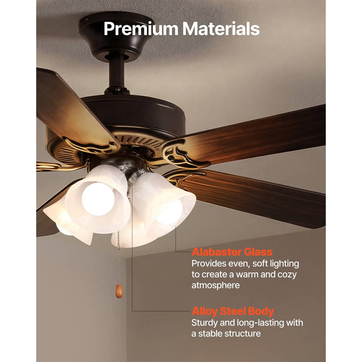 Black ceiling fan light kit with four white shades and hanging pull chain