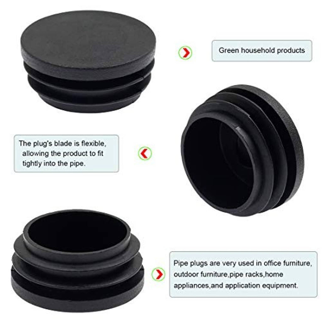 Four black round plastic plugs with flexible rim, 45mm diameter pack