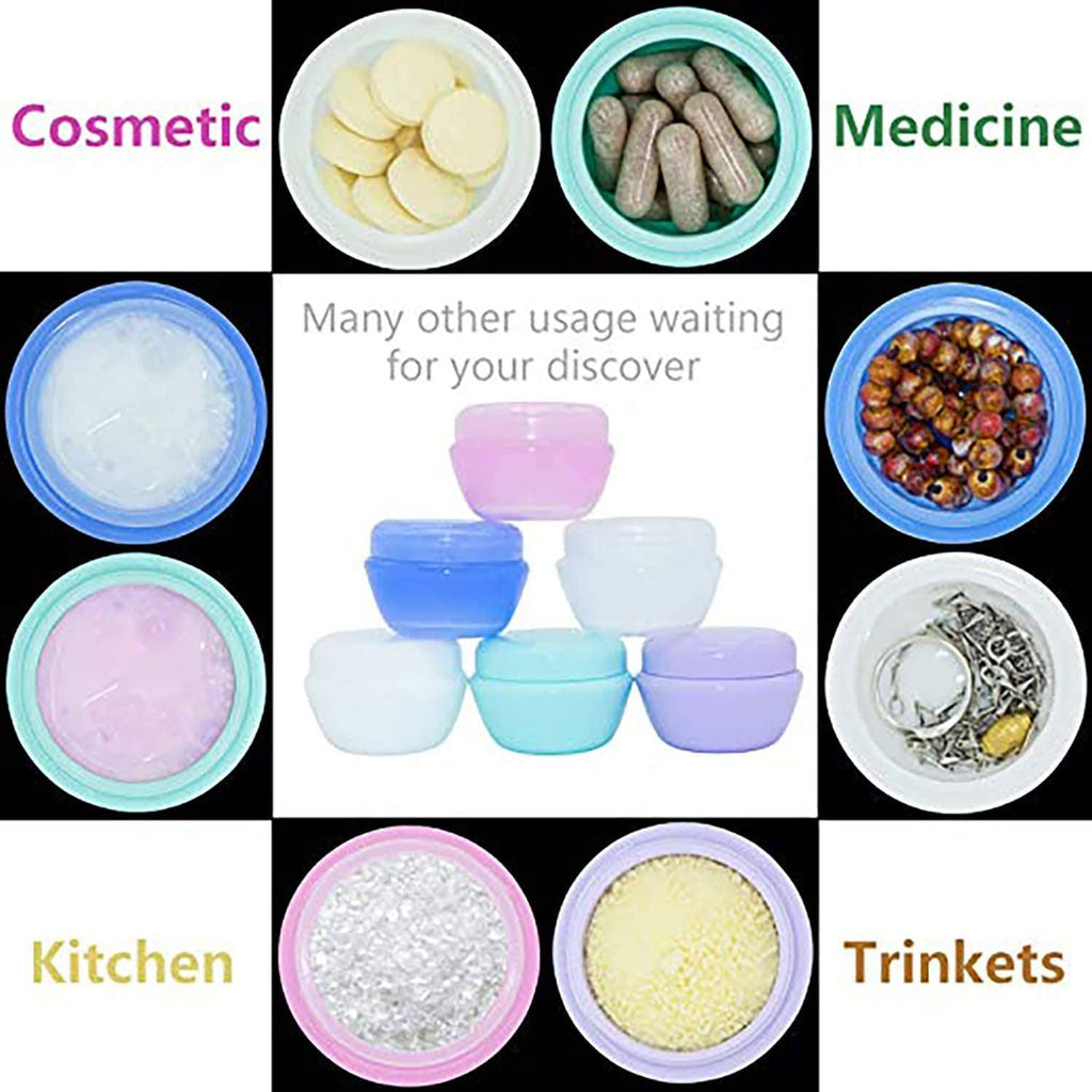 Pastel 1 oz plastic toiletry jars with lids, shown with example contents in bowls
