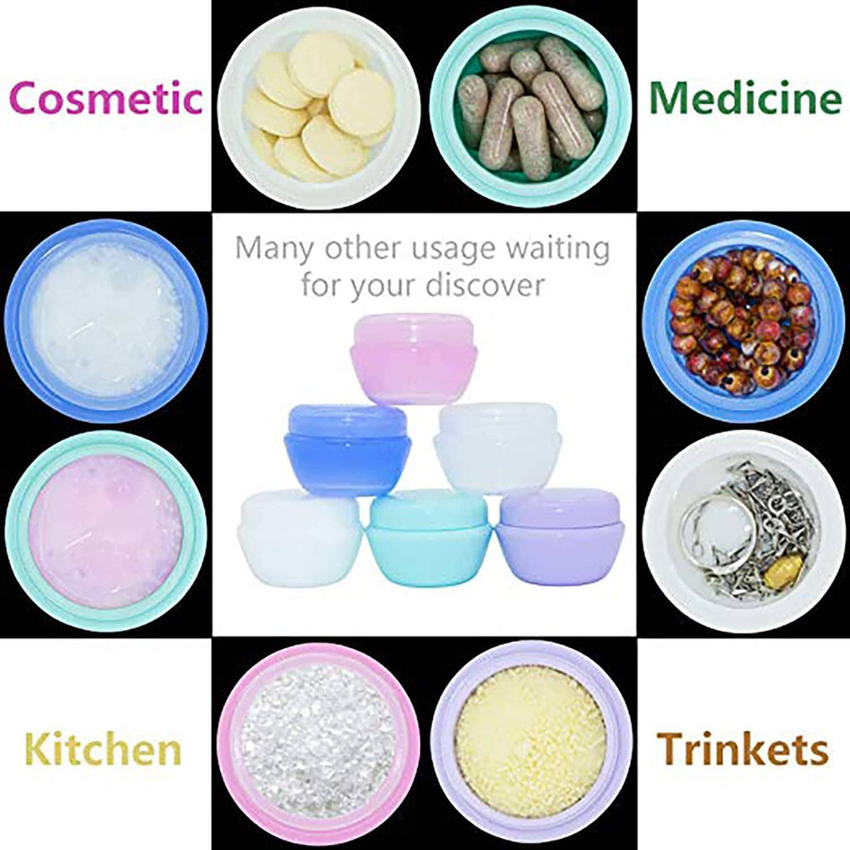 Pastel 1 oz plastic toiletry jars with lids, shown with example contents in bowls