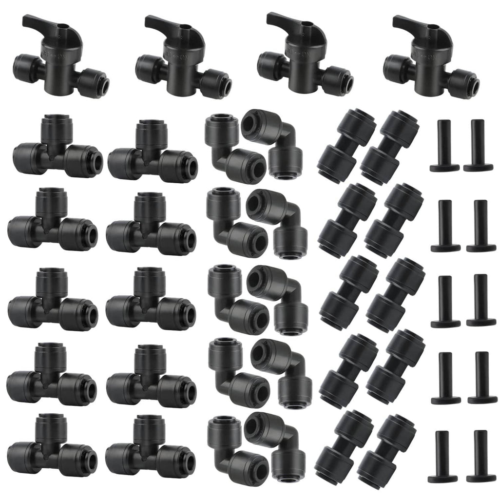 Black quick-connect drip irrigation fittings kit with multiple 1/4 in tee and elbow connectors