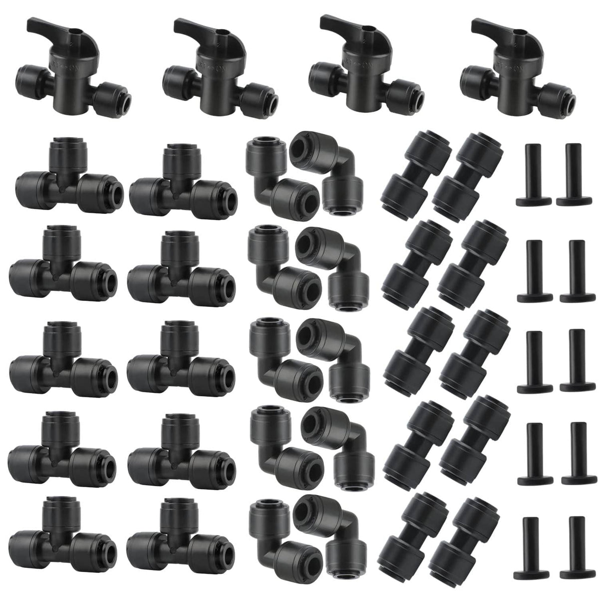 Black quick-connect drip irrigation fittings kit with multiple 1/4 in tee and elbow connectors