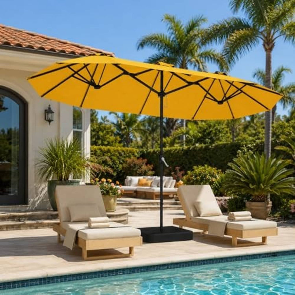 Golden yellow patio umbrella with open dual canopy and black cross-rib frame