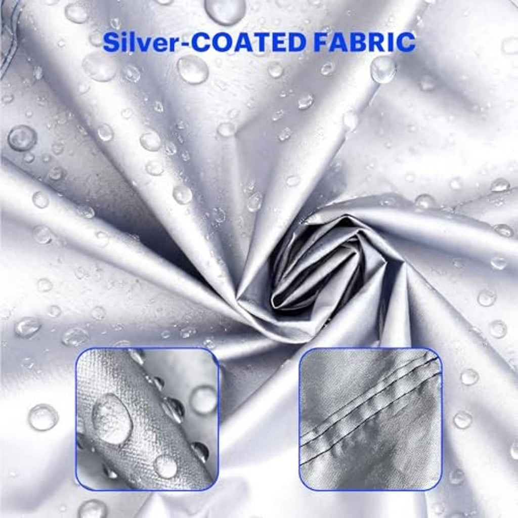 Silver-coated canopy fabric with water droplets on gray surface