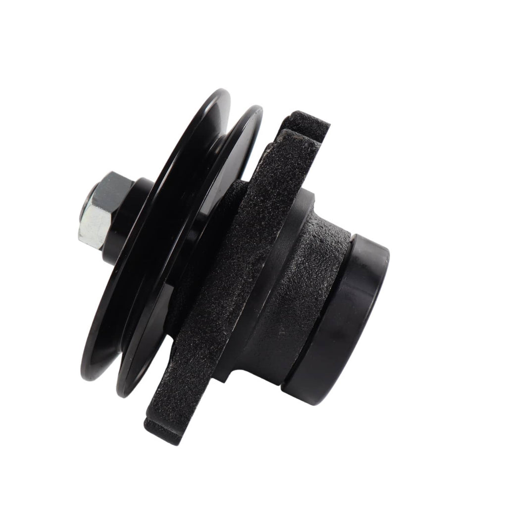 Black mower deck spindle with pulley wheel and textured housing section