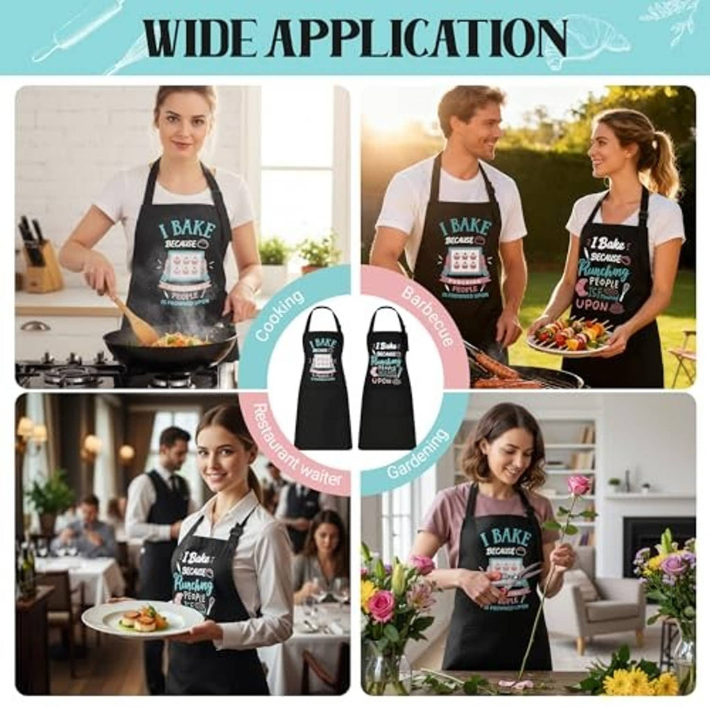 Black baking apron set worn by people, colorful I Bake slogan print and front pocket