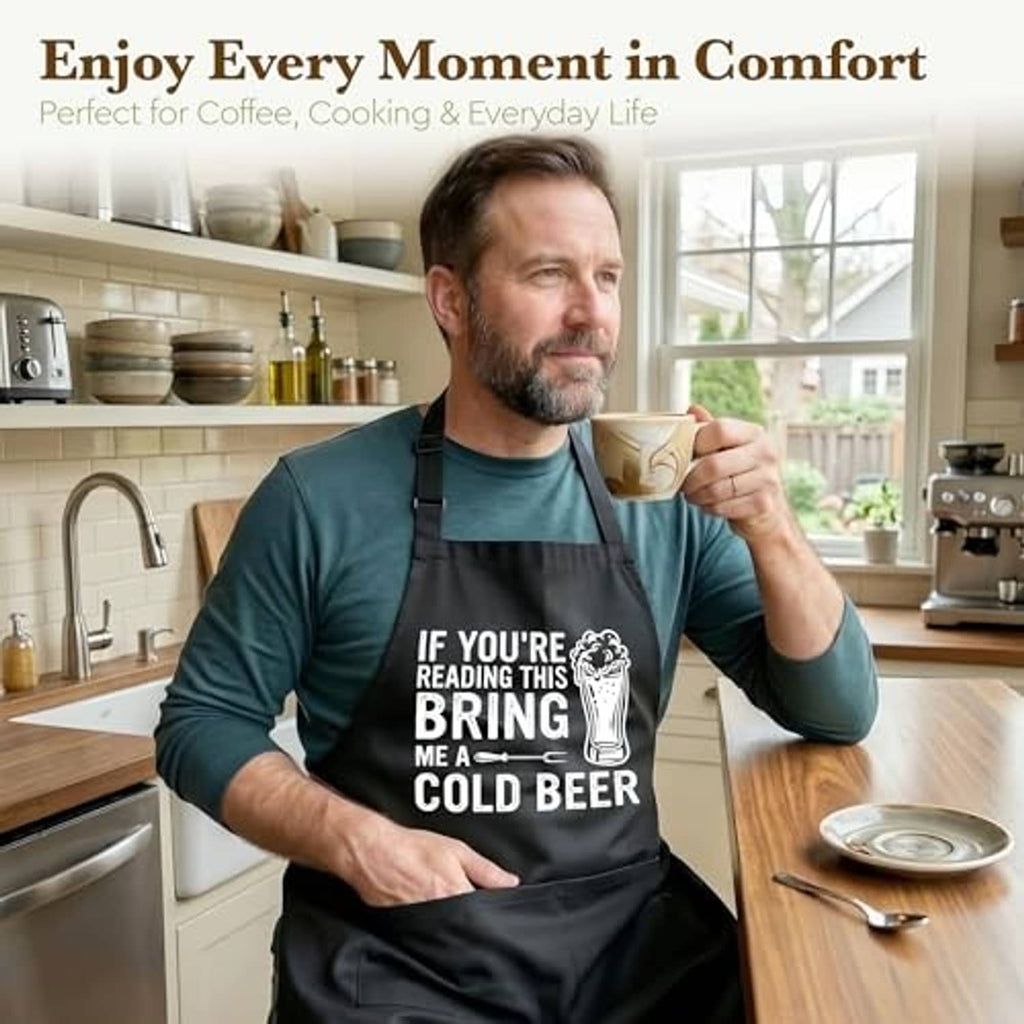 Black BBQ apron over teal shirt; 'BRING ME A COLD BEER' text and beer mug graphic