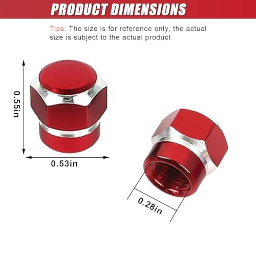 Red tire valve stem cap with chrome hex collar; product size diagram shown.