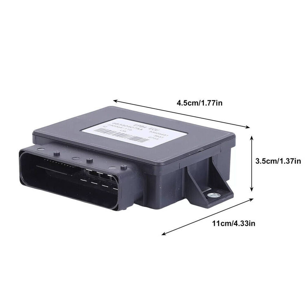 Parking brake control module with side connector opening, black housing with mounting tabs