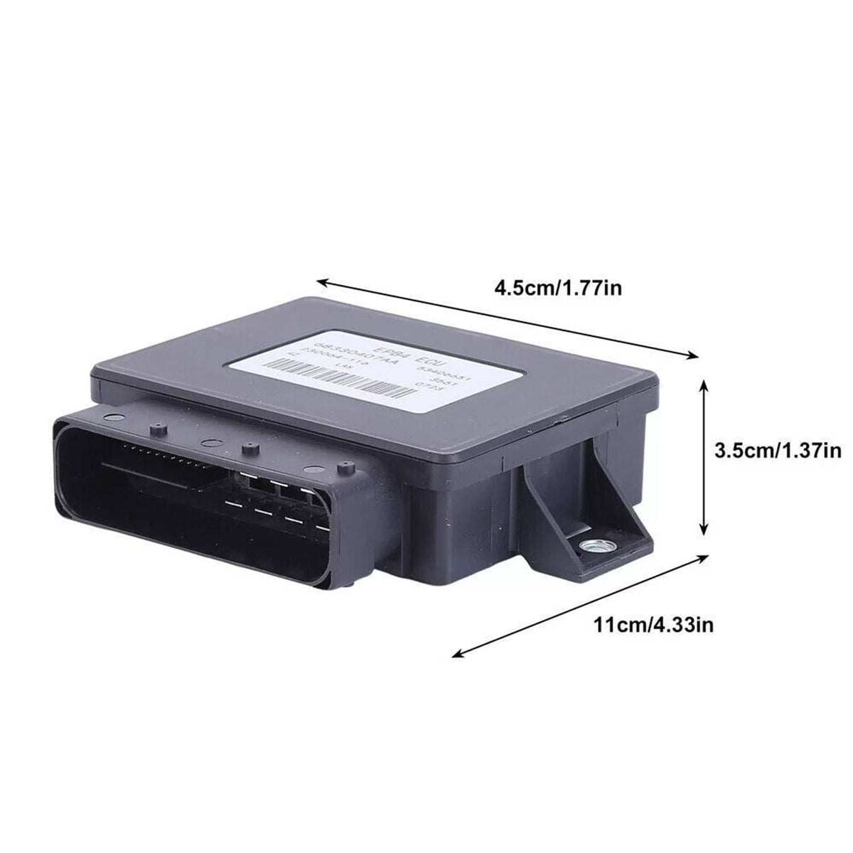 Parking brake control module with side connector opening, black housing with mounting tabs