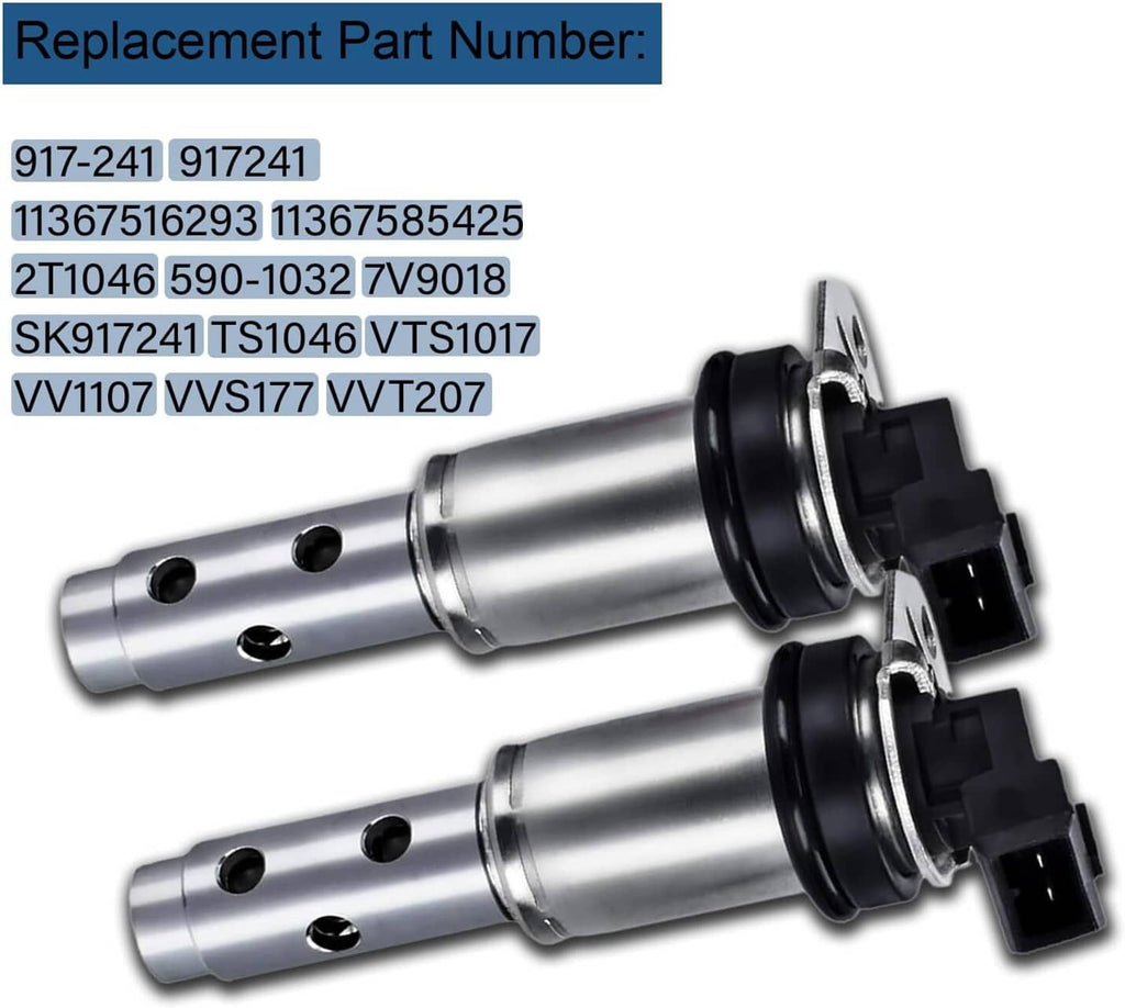 Pair of variable timing solenoid valves with silver metal cylinders and black electrical plugs