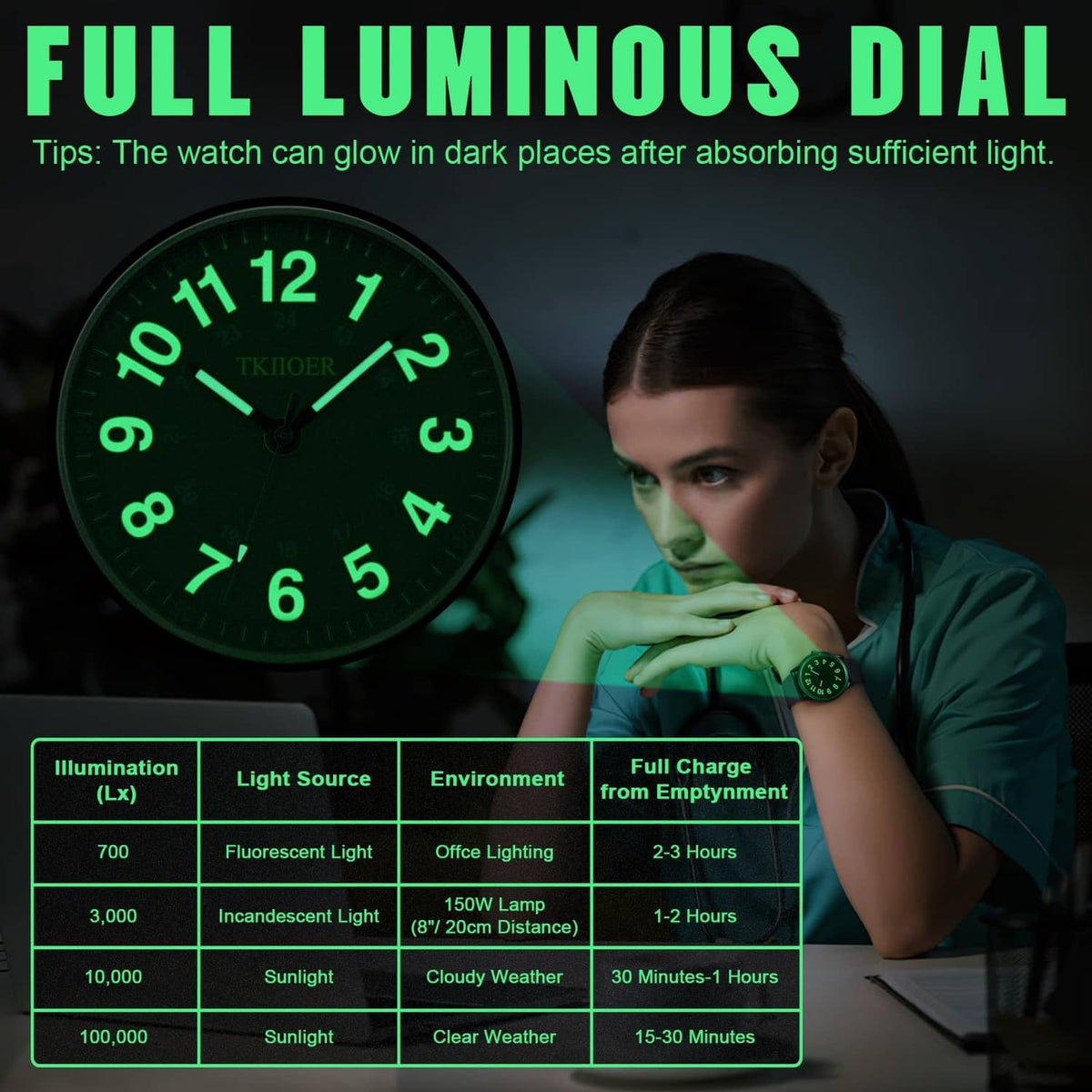 Black watch with full luminous green dial glow effect