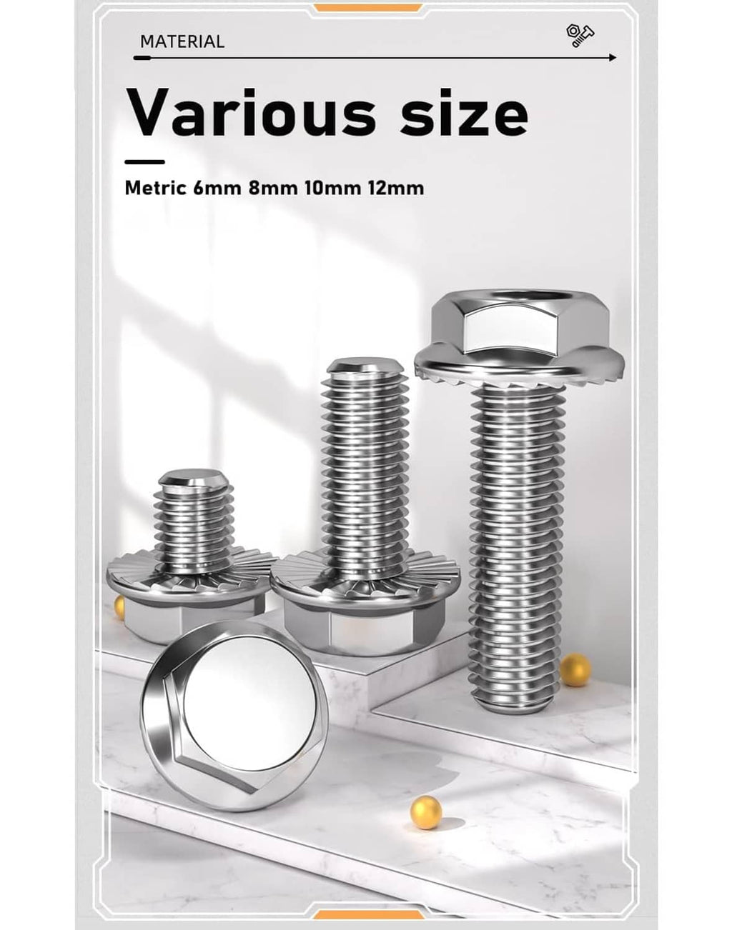 Assorted metric flanged hex head bolts with washers and threaded shanks