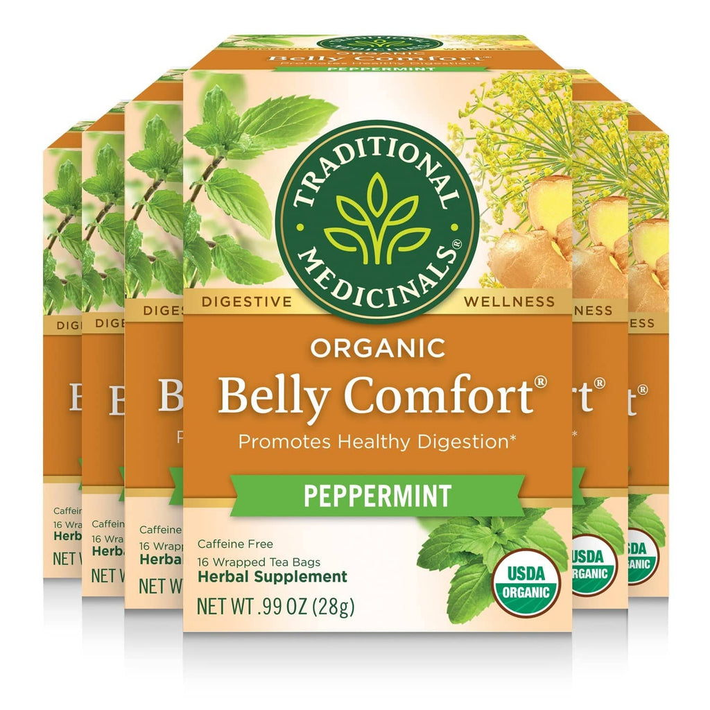 Organic peppermint herbal tea box labeled Belly Comfort, 96 count, Traditional Medicinals