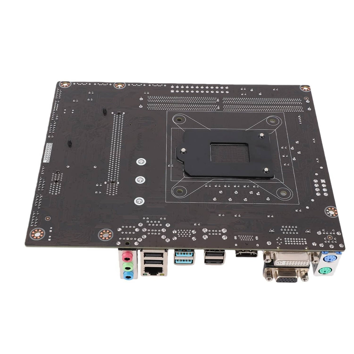 Back side of black motherboard with mounting holes and I/O connector openings