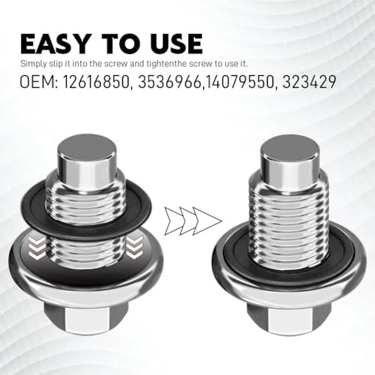 Rubber oil drain plug crush washers shown with M14 threaded bolt (2 pieces)
