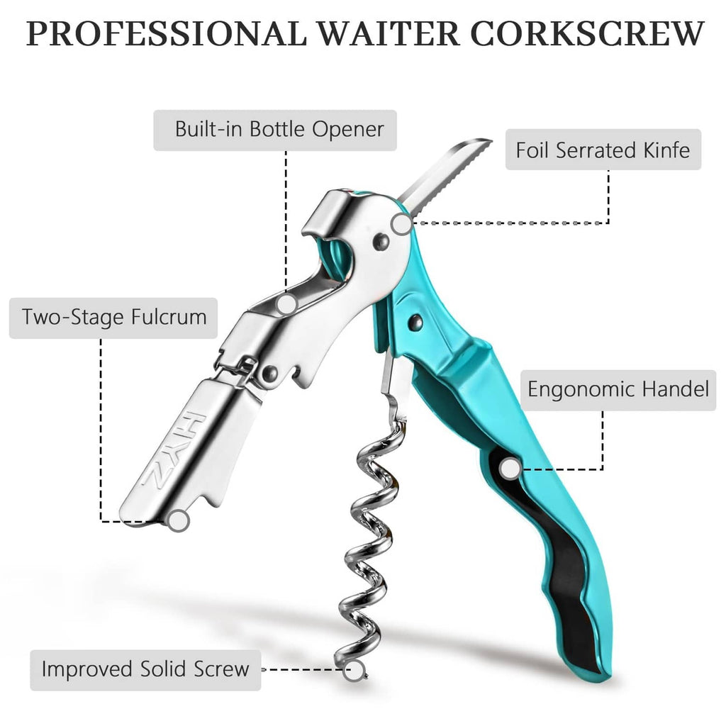 Teal and silver waiter corkscrew with foil-serrated knife and built-in bottle opener.