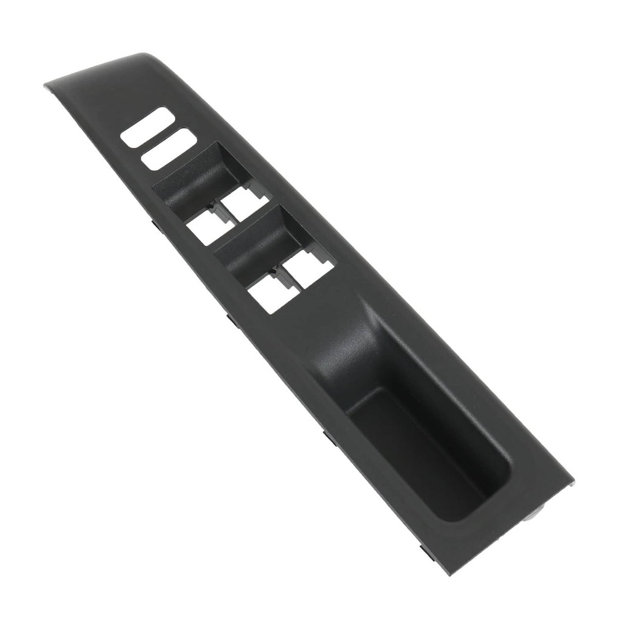 Left driver door window switch bezel trim cover, angled view, matte dark gray.