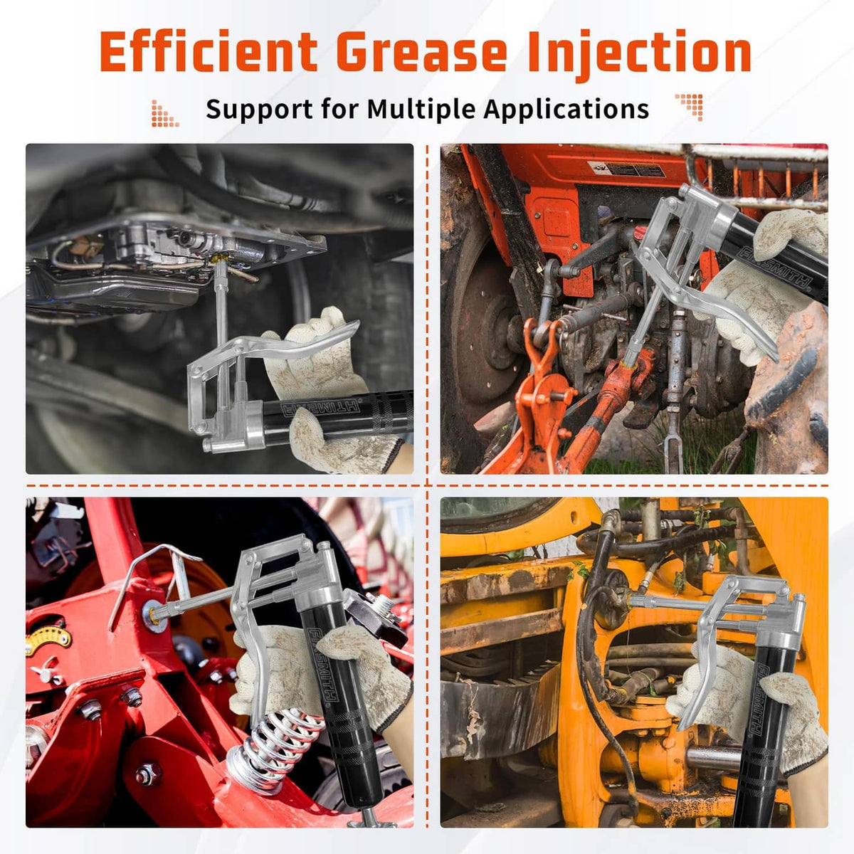 Grease gun in multiple engine bays with nozzle applying lubricant