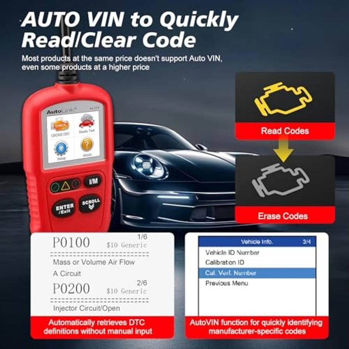 Red handheld OBD2 scanner showing screen interface and enter/scroll buttons.
