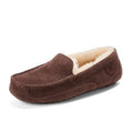 Coffee brown suede moccasin slippers with plush white shearling lining and moc toe