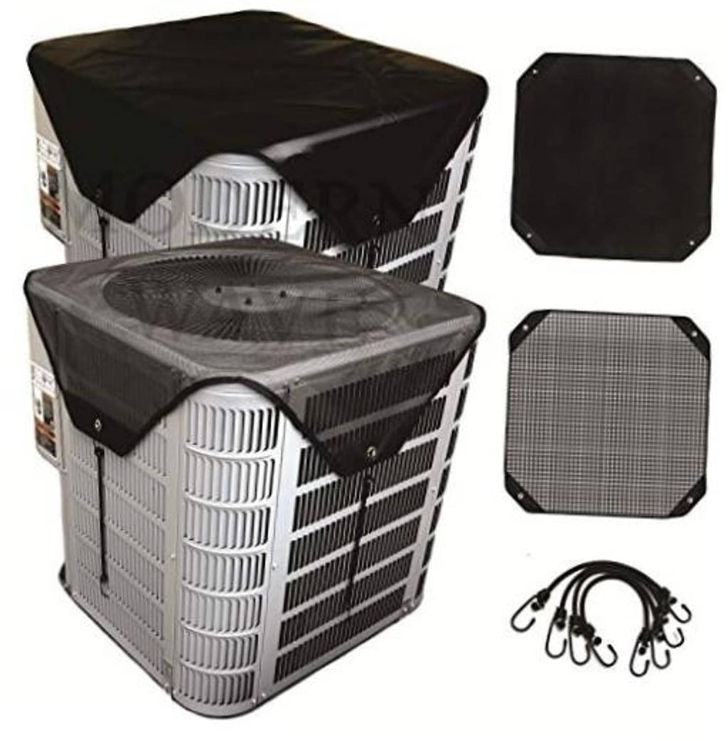 Outdoor AC condenser unit cover set for two units, black fitted fabric tops and sides